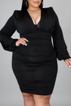 Black Sexy Solid Split Joint V Neck Plus Size Dresses