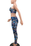 Navy Blue Casual Print Patchwork Spaghetti Strap Sleeveless Two Pieces