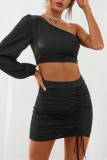 Black Fashion Sexy Solid Fold Oblique Collar Long Sleeve Two Pieces