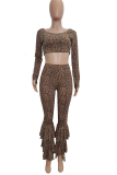 Leopard Print Sexy Leopard Patchwork O Neck Long Sleeve Two Pieces
