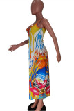 Yellow Fashion Sexy Print Backless Spaghetti Strap Sleeveless Dress