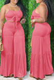 Pink Sexy Casual Solid Bandage Hollowed Out Fold Spaghetti Strap Sleeveless Two Pieces