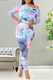 Fuchsia Fashion Casual Print Tie Dye Basic O Neck Long Sleeve Two Pieces