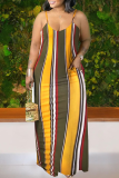 Yellow Casual Print Patchwork Spaghetti Strap Straight Dresses