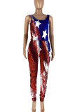 Red Blue Casual Print Patchwork U Neck Skinny Jumpsuits