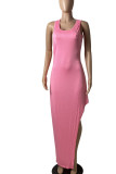 Red Sexy Solid Patchwork Backless Asymmetrical O Neck Vest Dress Dresses