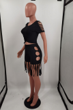 Purple Casual Solid Hollowed Out O Neck Short Sleeve Two Pieces