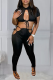Black Sexy Solid Hollowed Out O Neck Short Sleeve Two Pieces