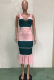 Green Sexy Striped Patchwork U Neck Trumpet Mermaid Dresses