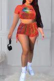 Orange Sexy Casual Print Patchwork O Neck Short Sleeve Two Pieces