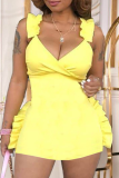 Yellow Sexy Solid Flounce V Neck Pencil Skirt Dresses