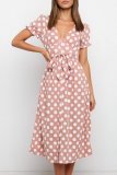 Pink Fashion Elegant Dot Frenulum Buckle V Neck A Line Dresses