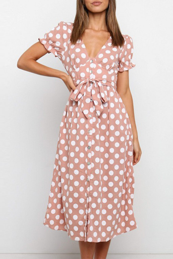 Pink Fashion Elegant Dot Frenulum Buckle V Neck A Line Dresses