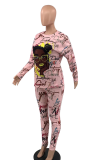 Pink Casual Print Patchwork O Neck Long Sleeve Two Pieces