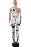 White Fashion Sexy Print Hollowed Out Backless One Shoulder Skinny Jumpsuits
