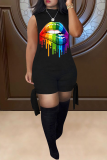 Black Casual Print Patchwork Half A Turtleneck Skinny Rompers