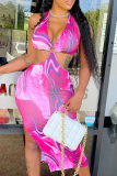 Rose Red Sexy Print Hollowed Out V Neck Irregular Dress Dresses