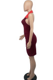 Deep Red Fashion Sexy Solid Backless Fold V Neck Sleeveless Dress