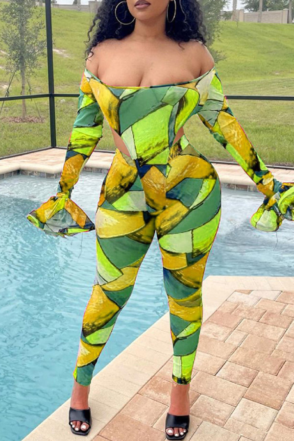 Green Fashion Sexy Print See-through Backless Off the Shoulder Long Sleeve Two Pieces