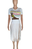 White Street Print Tassel Patchwork O Neck T-Shirts