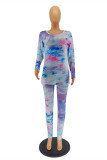 Fuchsia Fashion Casual Print Tie Dye Basic O Neck Long Sleeve Two Pieces