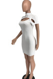 White Fashion Sexy Letter Embroidery Hollowed Out Turtleneck Short Sleeve Dress