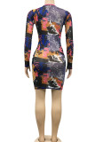 Brown Sexy Print Bandage Hollowed Out Patchwork O Neck Pencil Skirt Dresses