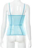 Blue Fashion Sexy Solid See-through Backless Spaghetti Strap Tops