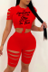 Red Casual Print Ripped O Neck Short Sleeve Two Pieces