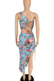 Cyan Sexy Print Patchwork Frenulum Backless High Opening Fold Oblique Collar Two Pieces