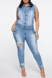 Baby Blue Fashion Casual Solid Ripped Turndown Collar Skinny Jumpsuits