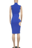Deep Blue Casual Solid Hollowed Out Patchwork Half A Turtleneck Pencil Skirt Dresses