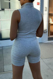 Grey Casual Solid Patchwork Zipper Collar Skinny Rompers