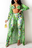 Rose Red Sexy Print Hollowed Out Halter Long Sleeve Three Pieces