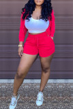 Red Fashion Casual Solid Cardigan Hooded Collar Long Sleeve Two Pieces (Without Vest)