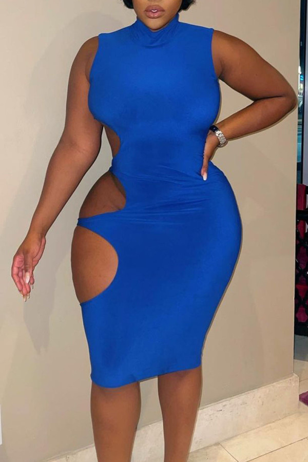 Deep Blue Casual Solid Hollowed Out Patchwork Half A Turtleneck Pencil Skirt Dresses