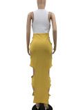 Yellow Sexy Solid Hollowed Out Patchwork V Neck Pencil Skirt Dresses