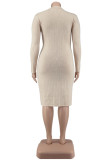 Apricot Fashion Casual Solid Buckle Turndown Collar Long Sleeve Dresses