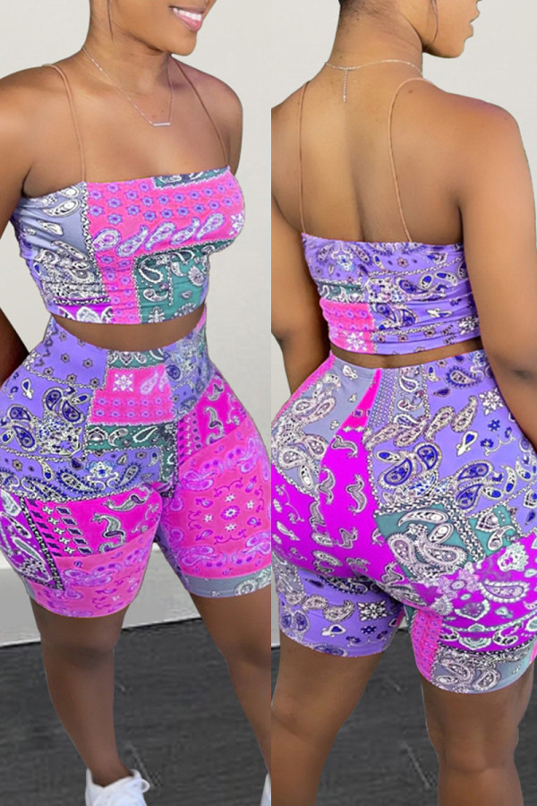 Rose Red Fashion Sexy Print Backless Strapless Sleeveless Two Pieces