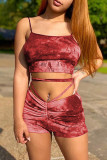 Red Fashion Sexy Print Tie Dye Hollowed Out Backless Spaghetti Strap Sleeveless Two Pieces
