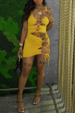 Yellow Fashion Sexy Solid Hollowed Out Strap Design U Neck Vest Dress Dresses