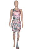 Pink Sexy Print Patchwork O Neck Pencil Skirt Dresses