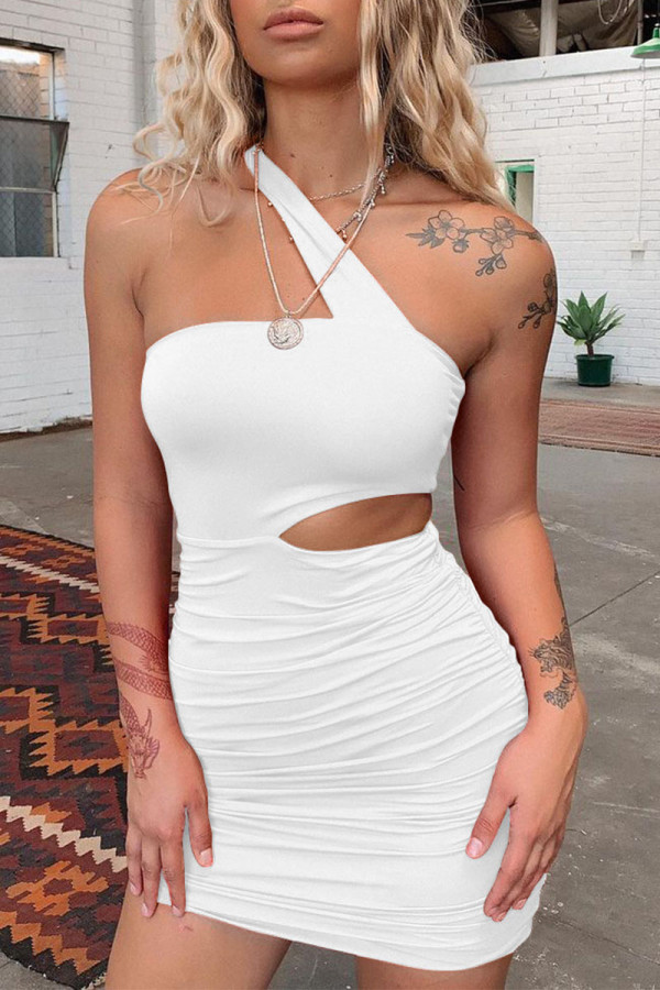 White Sexy Solid Hollowed Out Patchwork Fold Strapless Pencil Skirt Dresses