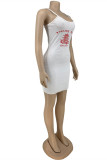 White Sexy Casual Print Backless Spaghetti Strap Sleeveless Dress