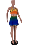 Yellow Sexy Print Patchwork Square Collar Sleeveless Two Pieces