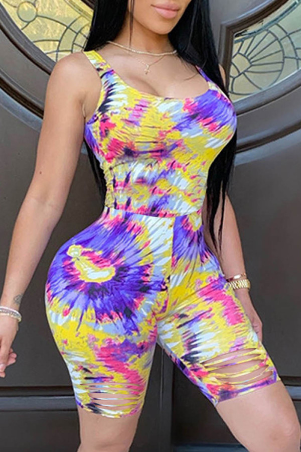 Yellow Fashion Sexy Print Tie Dye Ripped U Neck Regular Romper