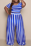 Blue Fashion Casual Striped Print Basic O Neck Plus Size Two Pieces