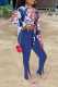 Royal Blue Fashion Casual Print Bandage Slit Turndown Collar Long Sleeve Two Pieces