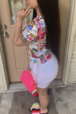 Yellow Fashion Casual Print Basic O Neck Short Sleeve Two Pieces
