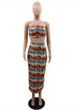 Multicolor Fashion Sexy Print Backless Slit Spaghetti Strap Sleeveless Two Pieces